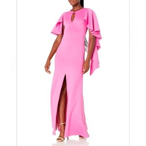 Black Halo Baldwin Ruffle Long Sleeve Gown in Pink Wink. Crepe Gown. Size 8